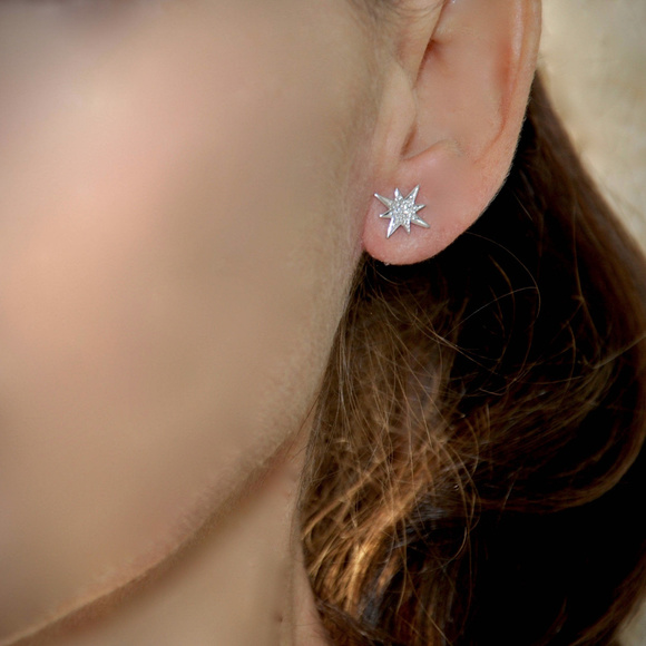 14K Solid Gold Diamond Starburst Earrings/Studs - Picture 3 of 8